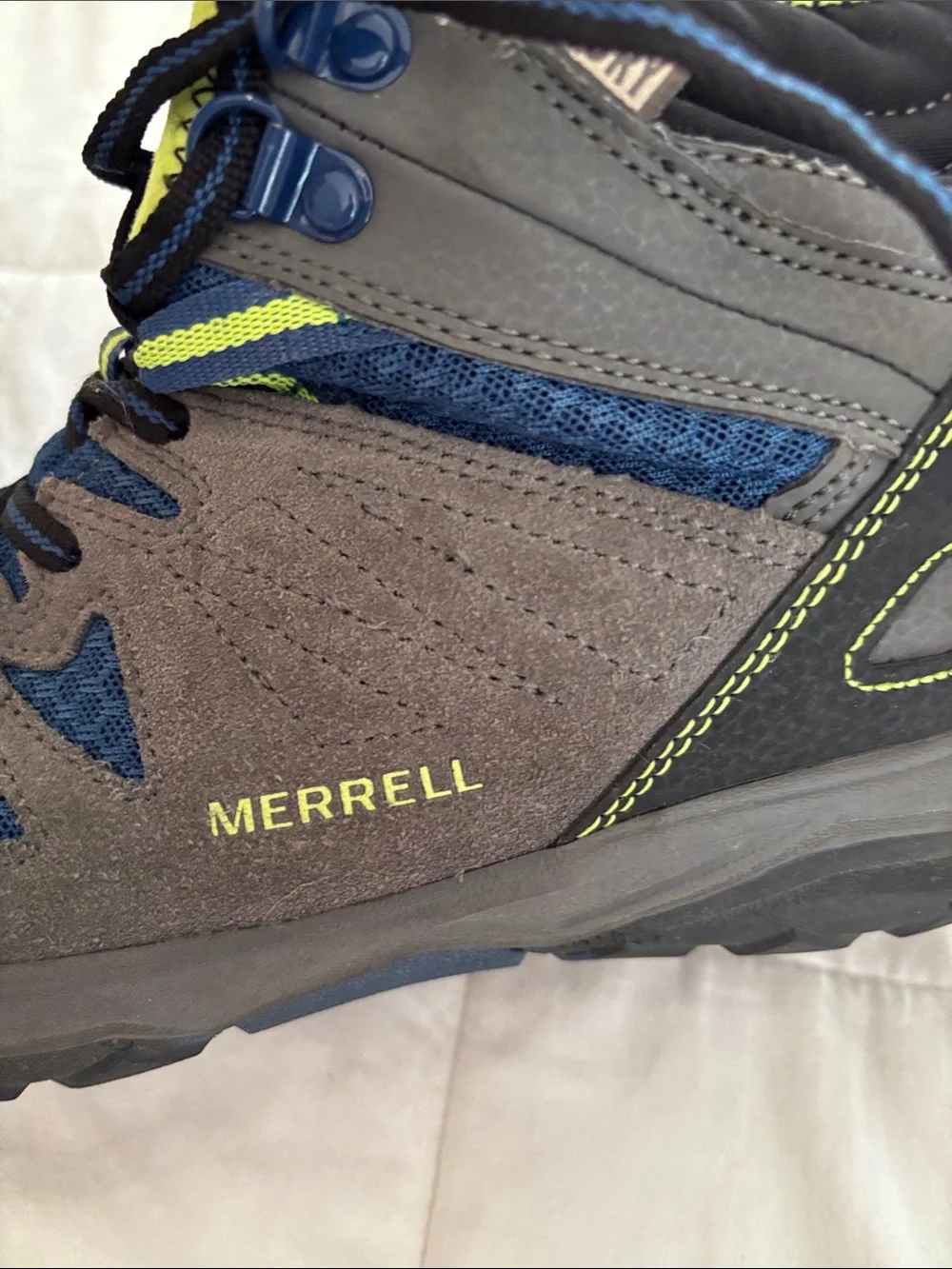 Merrell kids Gray & Blue Hiking Boots with Lime Accents Boys Sz 4
